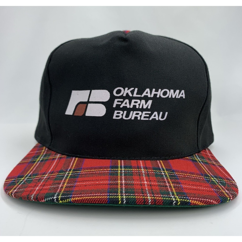Vintage Oklahoma Farm Bureau Black Hat Red Plaid Snapback Adjustable OSFM Cap